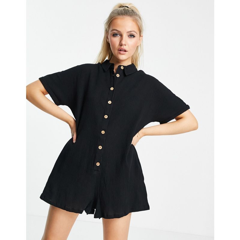 Donna Tute jumpsuit e corte DESIGN - Tuta corta a camicia nera con bottoni