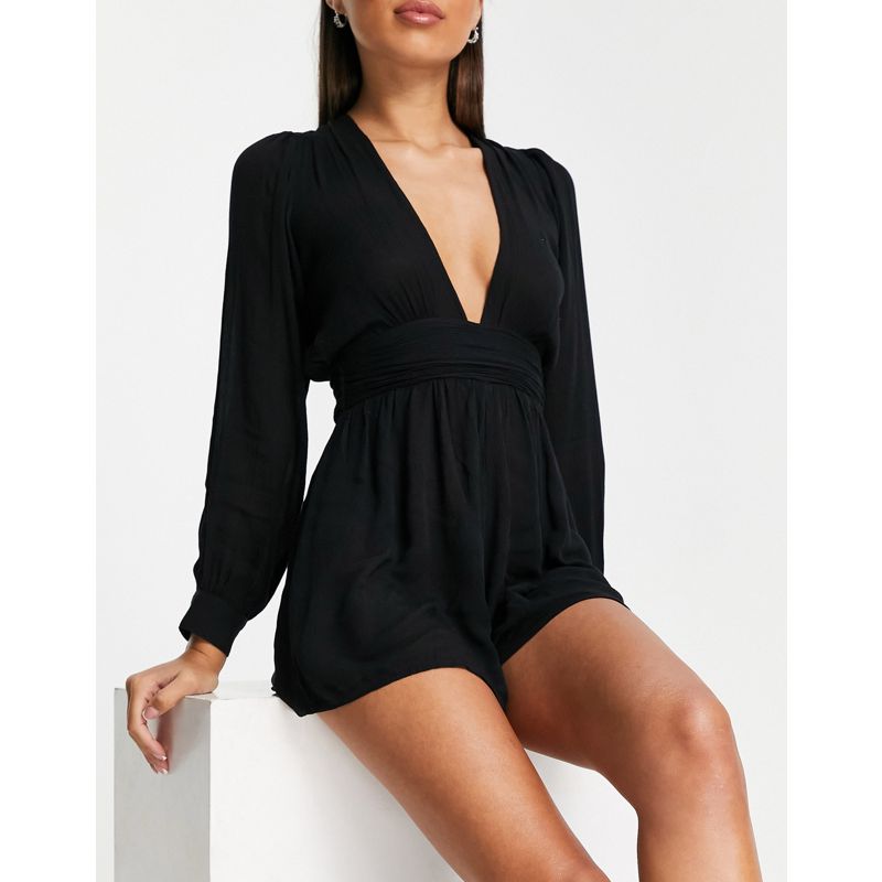 Donna Tute jumpsuit e corte DESIGN - Tuta corta a maniche lunghe nera da spiaggia con scollo profondo
