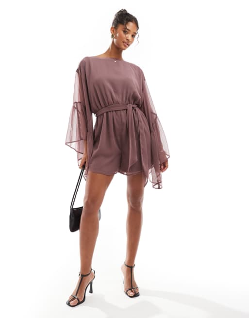 ASOS DESIGN - Tuta corta allacciata in vita color malva con maniche voluminose con volant