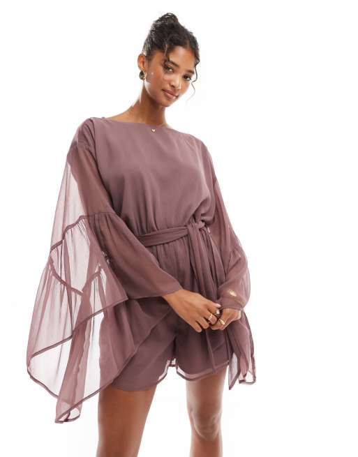 ASOS DESIGN - Tuta corta allacciata in vita color malva con maniche voluminose con volant, 4 di 4
