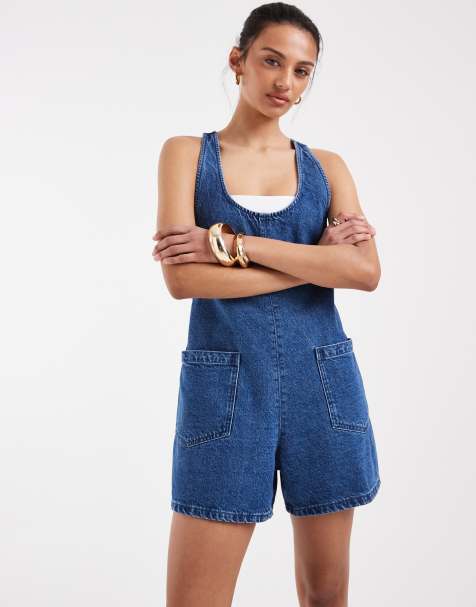 ASOS DESIGN - Tuta corta di jeans blu medio scuro con scollo rotondo e incrocio sul retro - view 1