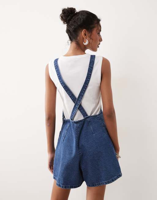 ASOS DESIGN - Tuta corta di jeans blu medio scuro con scollo rotondo e incrocio sul retro, 2 di 4