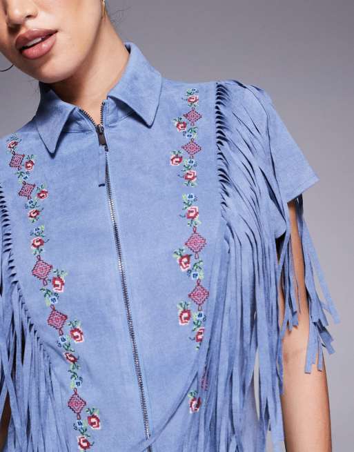 ASOS DESIGN - Tuta corta in camoscio sintetico blu polvere con frange e ricami, 3 di 4