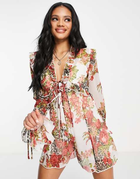 ASOS DESIGN - Tuta corta in chiffon con rose e stampa animalier mista e lacci - view 1