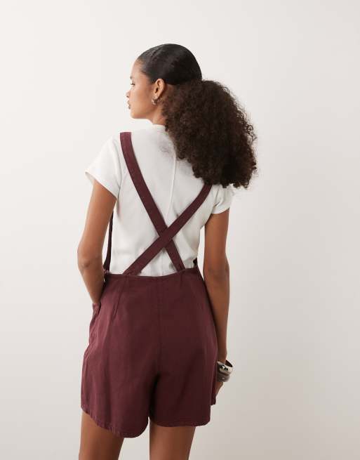 ASOS DESIGN - Tuta corta in denim bordeaux chiaro con scollo rotondo e incrocio sul retro , 3 di 4