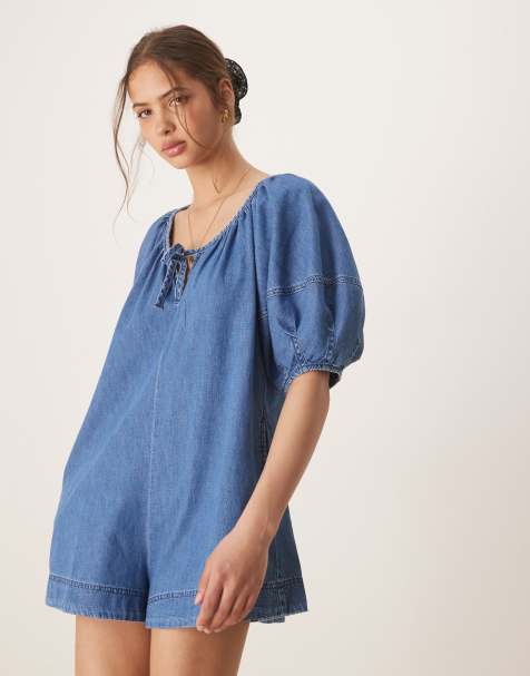 ASOS DESIGN - Tuta corta in denim morbido blu lavaggio medio con maniche a palloncino - view 1