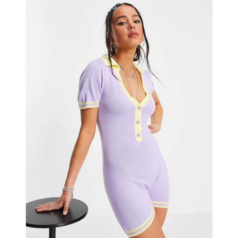 Donna Tute jumpsuit e corte DESIGN - Tuta corta in maglia con colletto aperto lilla