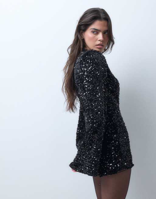 ASOS DESIGN tuta corta in velluto con paillettes, scollo profondo e maniche a volant, nera, 5 di 5