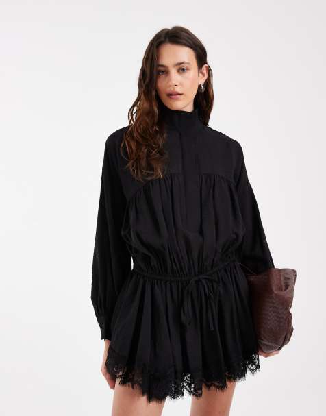 ASOS DESIGN tuta corta sportiva con orlo in pizzo nera - view 1