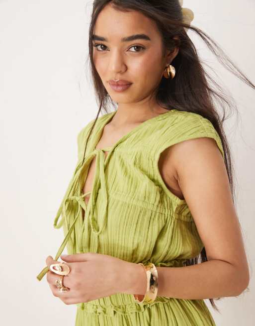 ASOS DESIGN - Tuta corta verde in tessuto doppio con bustino raccolto, 4 di 4