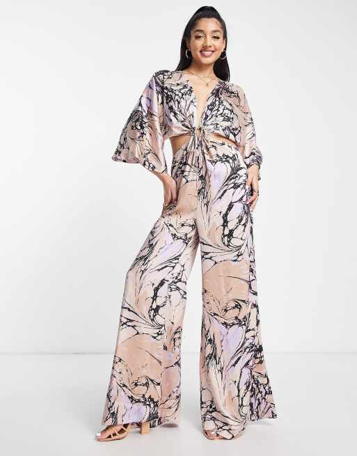 ASOS DESIGN - Tuta in raso effetto marmo con maniche a pipistrello