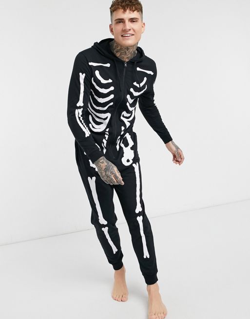 ASOS DESIGN - Tuta intera da casa per Halloween con stampa laminata argento  di scheletro e cappuccio