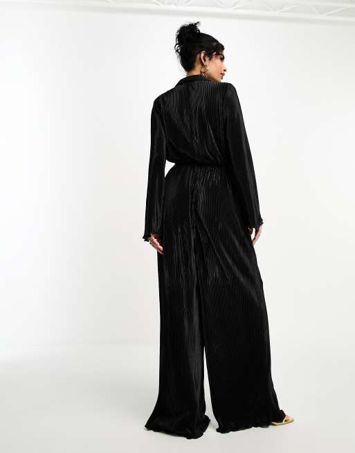 ASOS DESIGN - Tuta jumpsuit a camicia a maniche lunghe nera plissé, 3 di 4