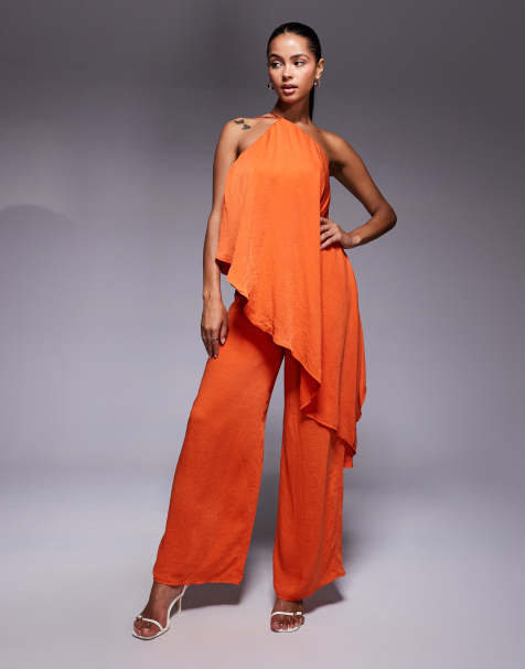 ASOS DESIGN - Tuta jumpsuit a doppio strato allacciata al collo rossa in raso slavato - view 1
