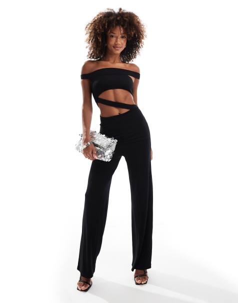 ASOS DESIGN - Tuta jumpsuit a fascia nera a fondo ampio con scollo a barchetta e cut-out - view 1