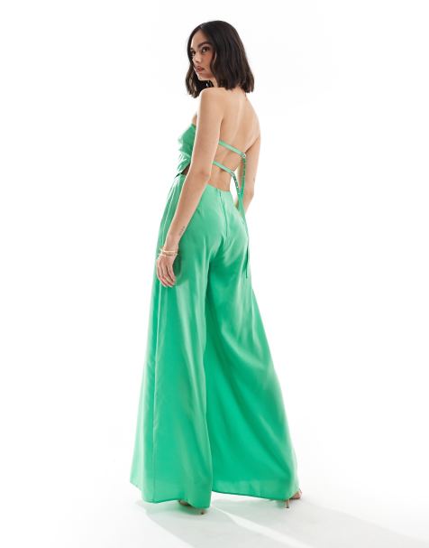ASOS DESIGN - Tuta jumpsuit a fascia stile fazzoletto con fibbie sulla schiena in raso verde acceso - view 1