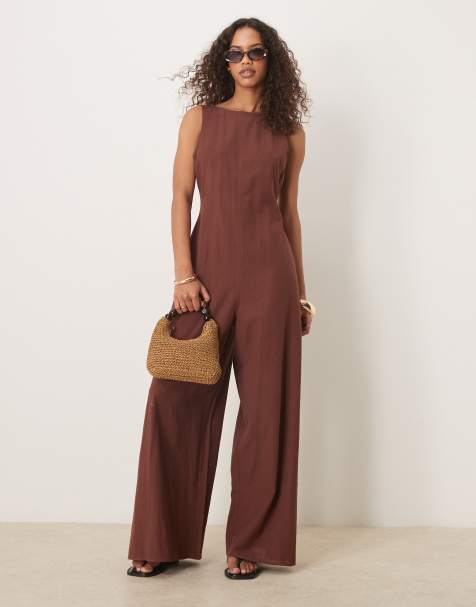 ASOS DESIGN - Tuta jumpsuit a fondo ampio color cioccolato con cuciture stile tennis - view 1