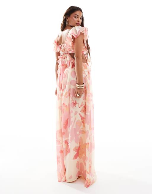 ASOS DESIGN - Tuta jumpsuit a fondo ampio con cut-out, spalle scoperte e volant, 4 di 4