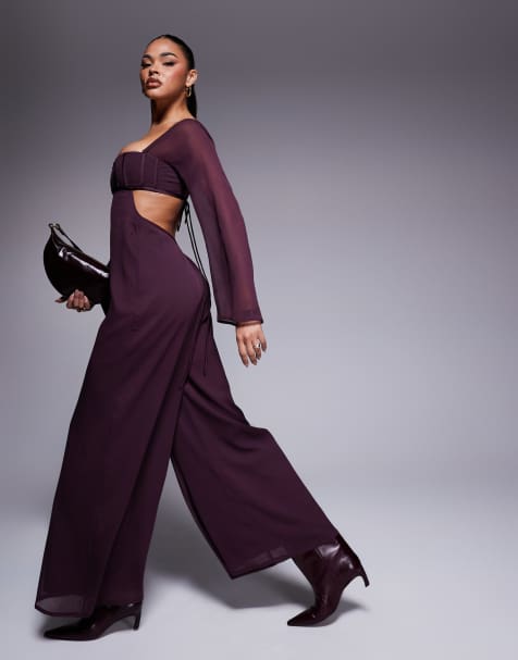 ASOS DESIGN - Tuta jumpsuit a fondo ampio in raso color bacca con bustino a corsetto - view 1