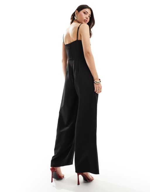 ASOS DESIGN - Tuta jumpsuit a fondo ampio nera a pieghe con bustino a contrasto, 4 di 4