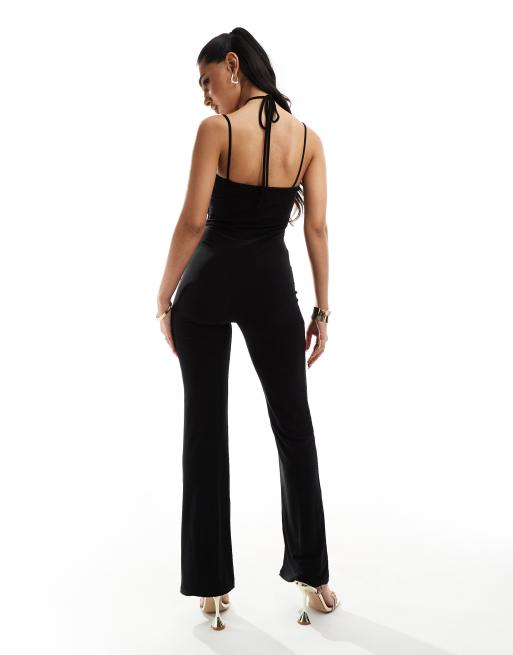 ASOS DESIGN - Tuta jumpsuit a fondo ampio nera con fascette sottili, 3 di 4