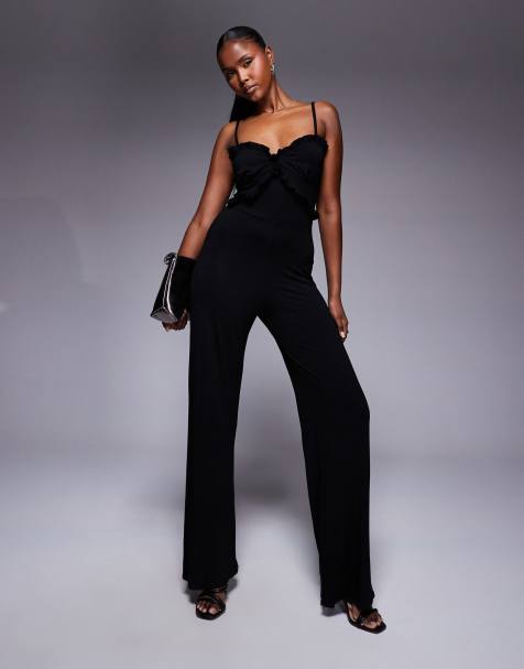 ASOS DESIGN - Tuta jumpsuit a fondo ampio nera con spalline sottili e volant - view 1