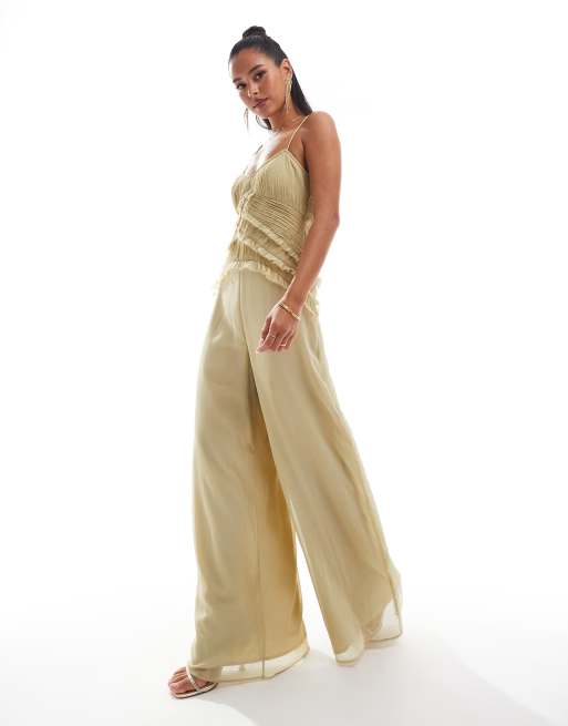 ASOS DESIGN - Tuta jumpsuit a fondo ampio verde oliva con dettaglio stile corsetto e bordi grezzi 