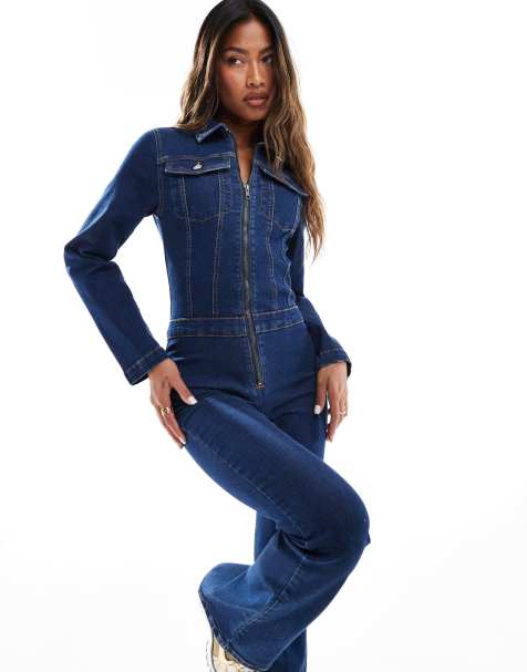 ASOS DESIGN - Tuta jumpsuit a maniche lunghe blu scuro elasticizzata anni '70 - view 1