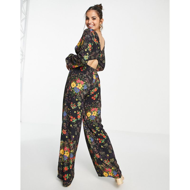 Donna Tute jumpsuit e corte DESIGN - Tuta jumpsuit a maniche lunghe in crêpe a bolle a fiori misti con bottoni sulla schiena