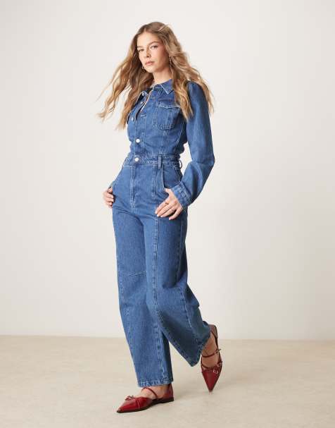 ASOS DESIGN - Tuta jumpsuit a maniche lunghe in denim color indaco con gamba a cilindro - view 1