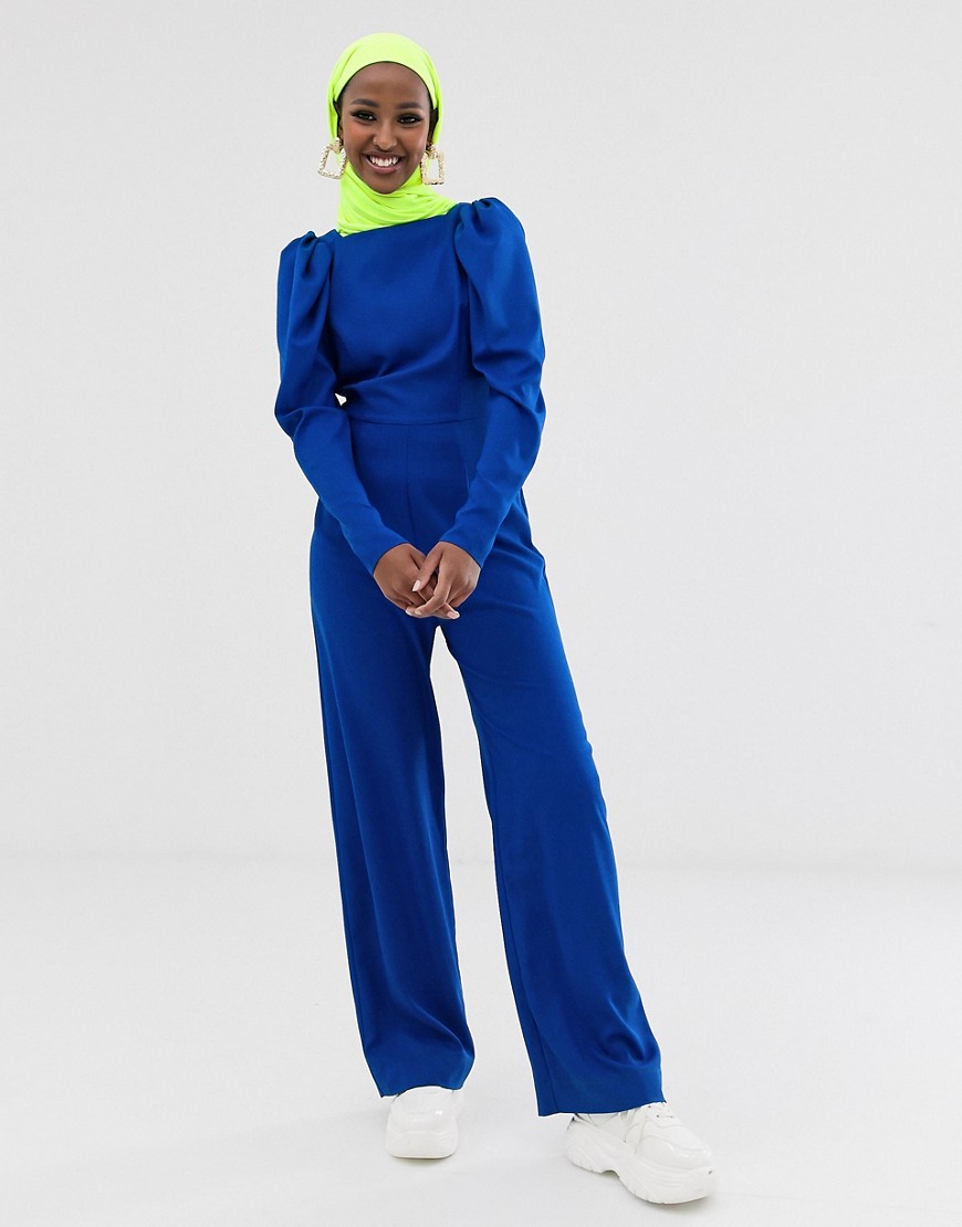 ASOS DESIGN - Tuta jumpsuit a portafoglio con maniche lunghe e scollo quadrato-Blu