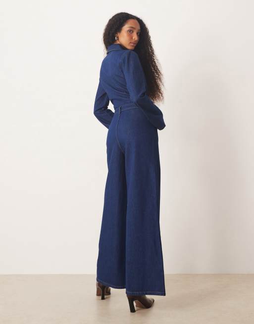 ASOS DESIGN Tuta jumpsuit a zampa blu medio in denim anni '70 ASOS