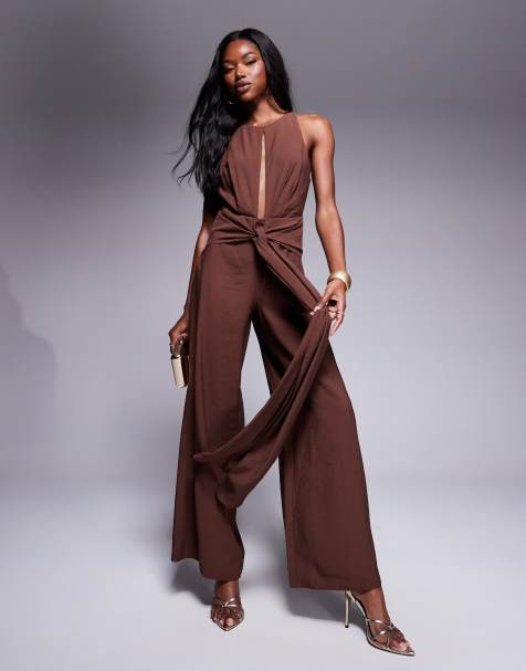 ASOS DESIGN - Tuta jumpsuit accollata color cioccolato con dettagli annodati - view 1