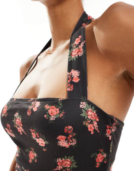 ASOS DESIGN - Tuta jumpsuit al polpaccio allacciata al collo con scollo squadrato nera a fiorellini, 2 di 4