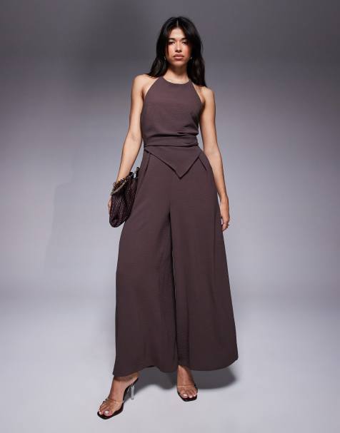 ASOS DESIGN - Tuta jumpsuit allacciata al collo con strato sovrapposto asimmetrico marrone cioccolato - view 1