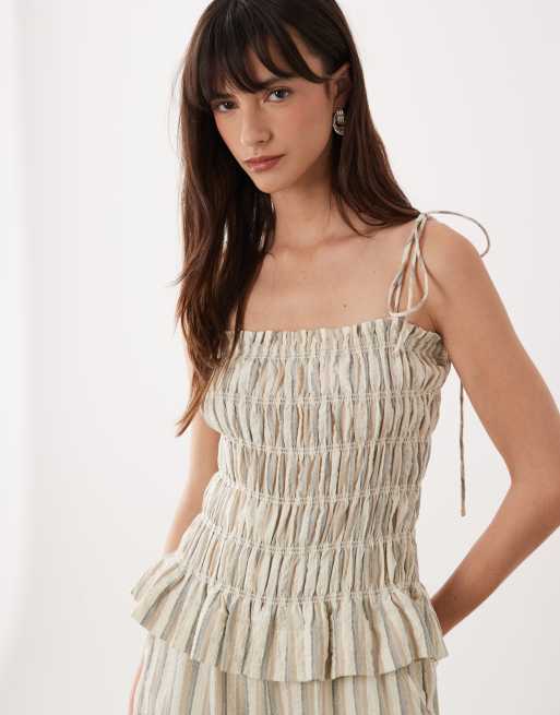 ASOS DESIGN - Tuta jumpsuit arricciata a peplo a righe neutre, 3 di 4