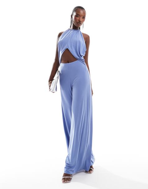 ASOS DESIGN - Tuta jumpsuit arricciata allacciata al collo ardesia con dettaglio cut-out centrale - view 1