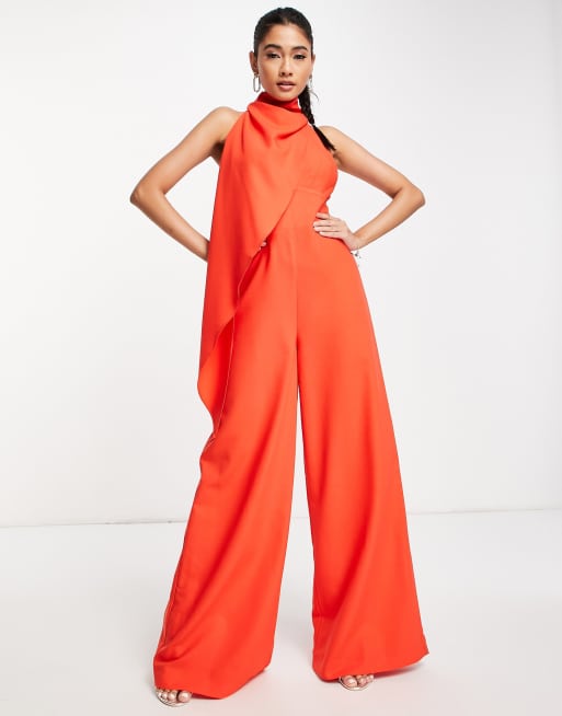 ASOS DESIGN - Tuta jumpsuit asimmetrica drappeggiata rossa