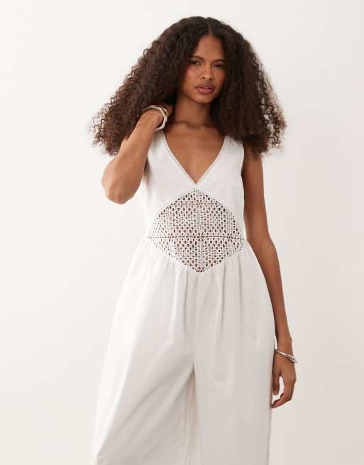ASOS DESIGN - Tuta jumpsuit bianca con pannello all'uncinetto in vita, 3 di 4