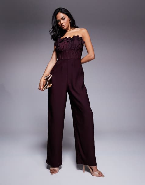 ASOS DESIGN - Tuta jumpsuit cioccolato scuro con corsetto a contrasto con volant - view 1