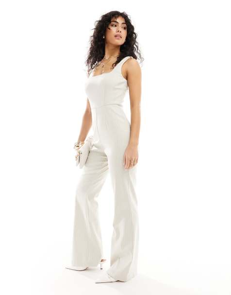 ASOS DESIGN - Tuta jumpsuit color pietra a righe a zampa con scollo squadrato - view 1