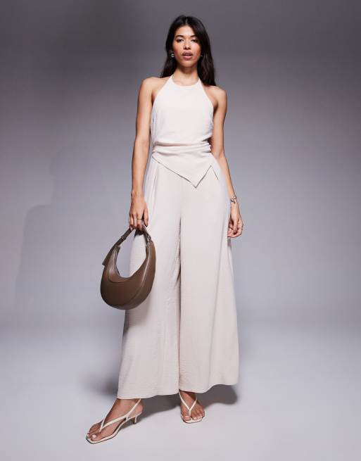 ASOS DESIGN - Tuta jumpsuit color pietra allacciata al collo asimmetrica con dettaglio sovrapposto