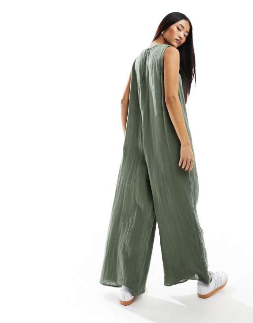 ASOS DESIGN - Tuta jumpsuit con pantaloni culotte girocollo color kaki, 4 di 4