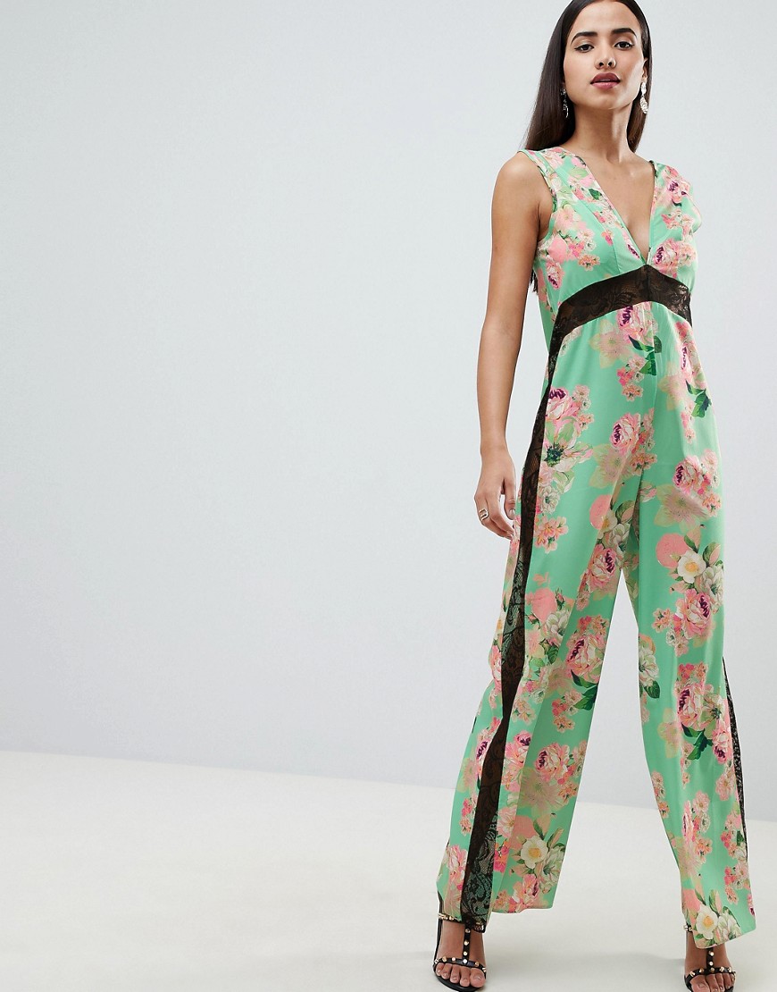 ASOS DESIGN - Tuta jumpsuit con stampa tenue a fiori e dettagli in pizzo-Multicolore