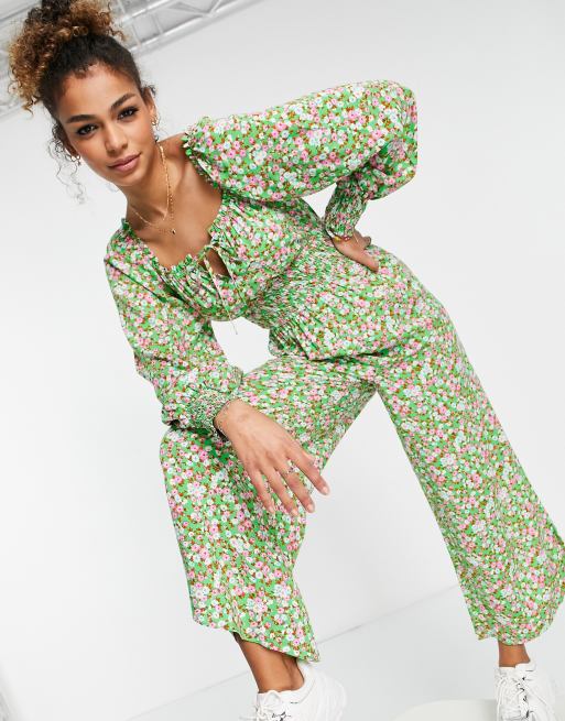 ASOS DESIGN - Tuta jumpsuit con vita arricciata e scollo squadrato verde a fiori