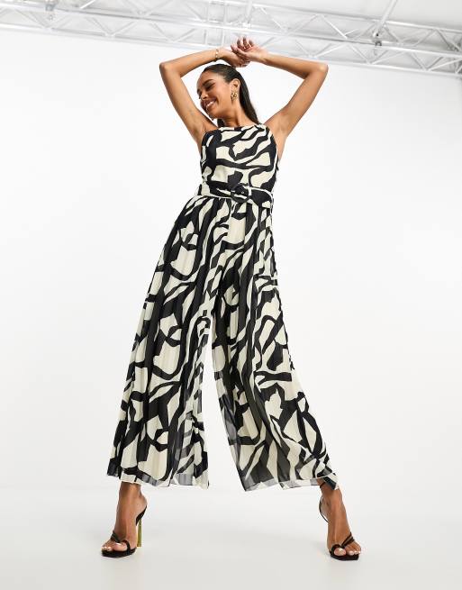 ASOS DESIGN - Tuta jumpsuit culotte a pieghe con cintura e stampa astratta color bianco e nero