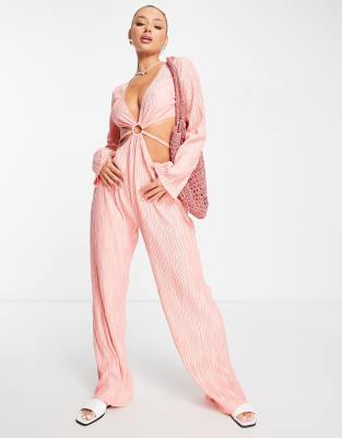 ASOS DESIGN - Tuta jumpsuit da mare color corallo plissé con cut-out