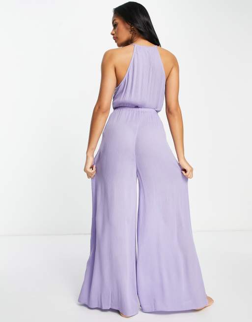 ASOS DESIGN - Tuta jumpsuit da spiaggia a fondo ampio lilla con cut-out, 4 di 4