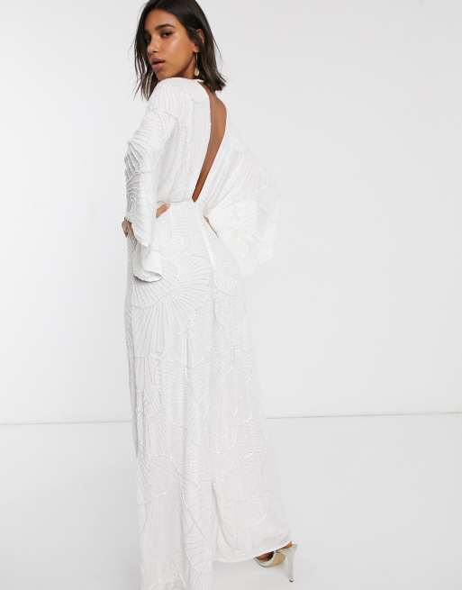 ASOS DESIGN - Tuta jumpsuit da sposa bianca a fondo ampio con maniche stile kimono e perline, 2 di 4