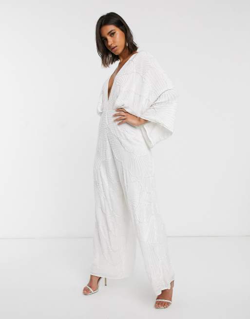ASOS DESIGN - Tuta jumpsuit da sposa bianca a fondo ampio con maniche stile kimono e perline, 4 di 4
